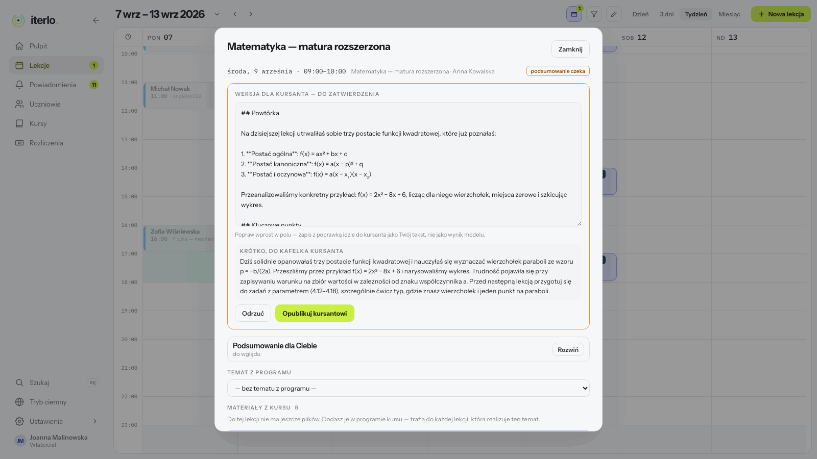 Podsumowanie lekcji napisane przez AI, recenzja i publikacja kursantowi
